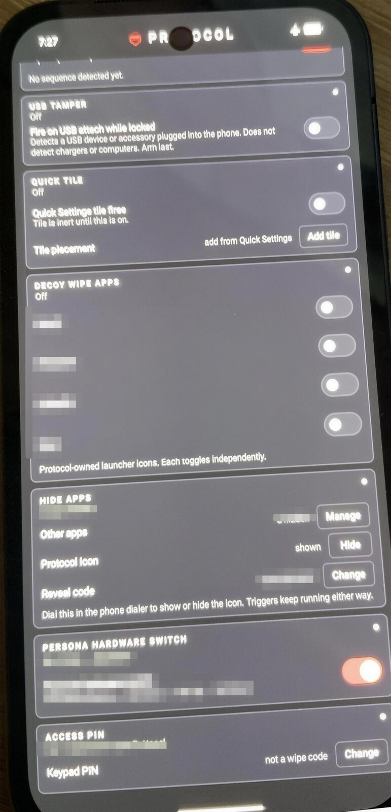 Protocol app concealment and persona controls