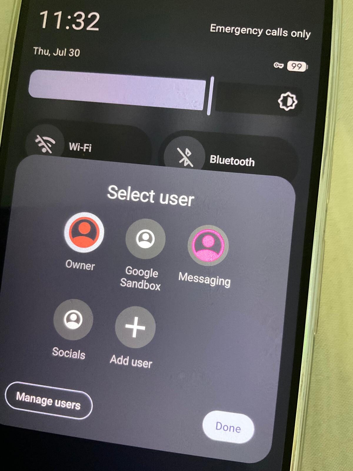 GrapheneOS Select user dialog with separate profiles