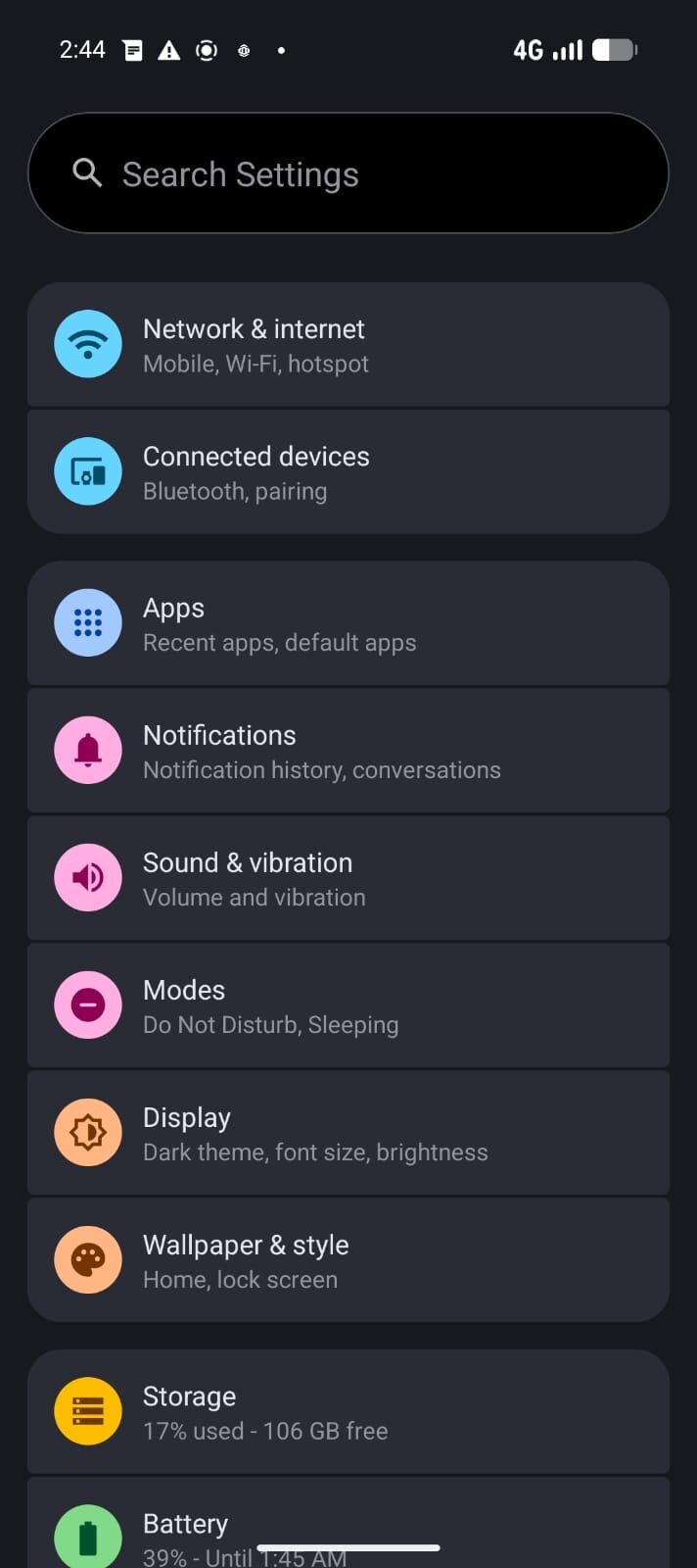 GrapheneOS settings menu