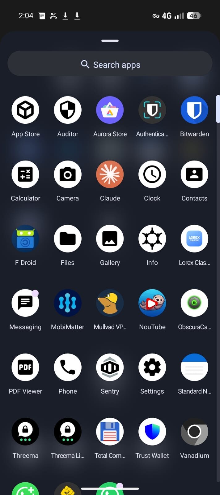 App drawer with Mullvad VPN, Molly and Tuta
