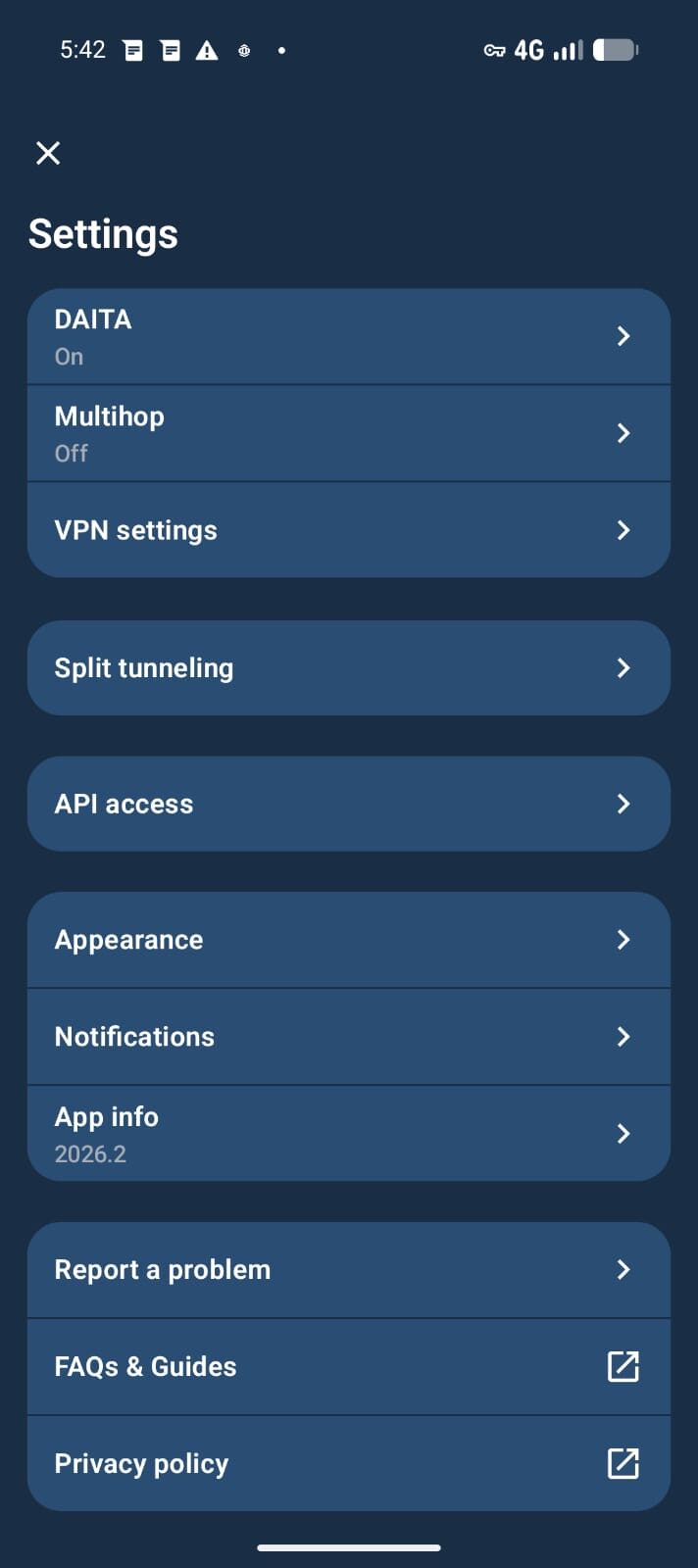Mullvad VPN settings: DAITA, multihop, split tunnelling
