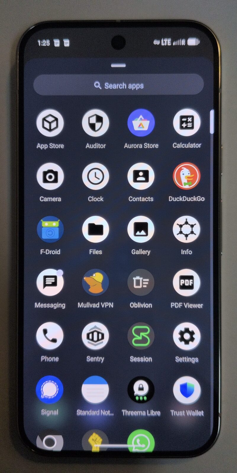GrapheneOS app drawer with Protocol and Mullvad VPN