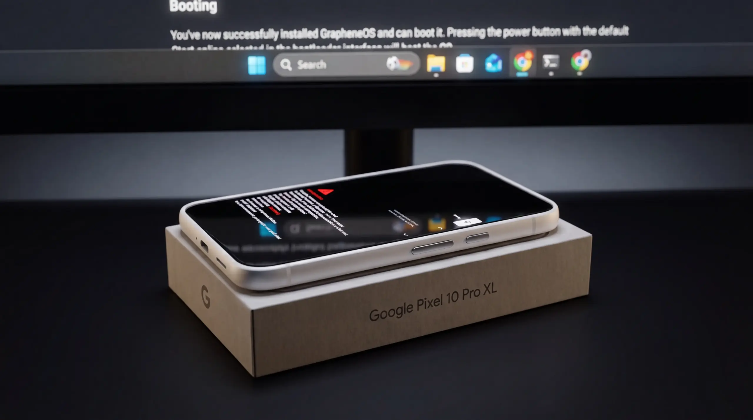 Google Pixel 10 Pro XL booting GrapheneOS beside its retail box
