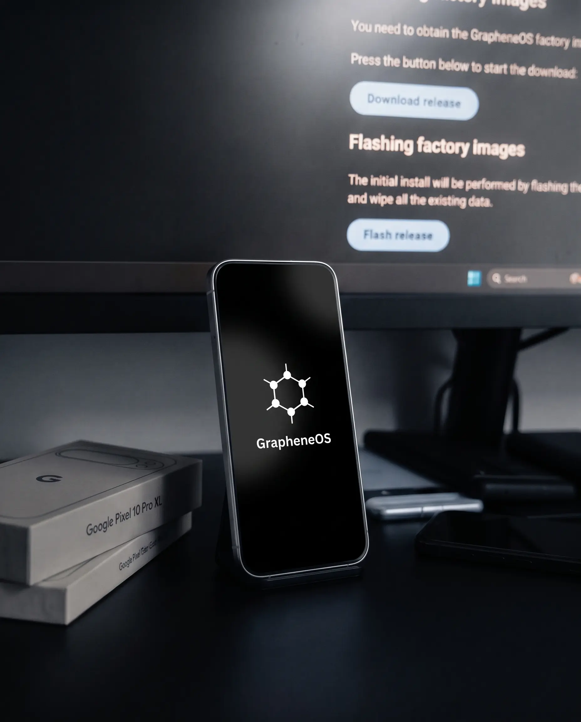 Pixel 10 Pro XL on a stand running the GrapheneOS web installer