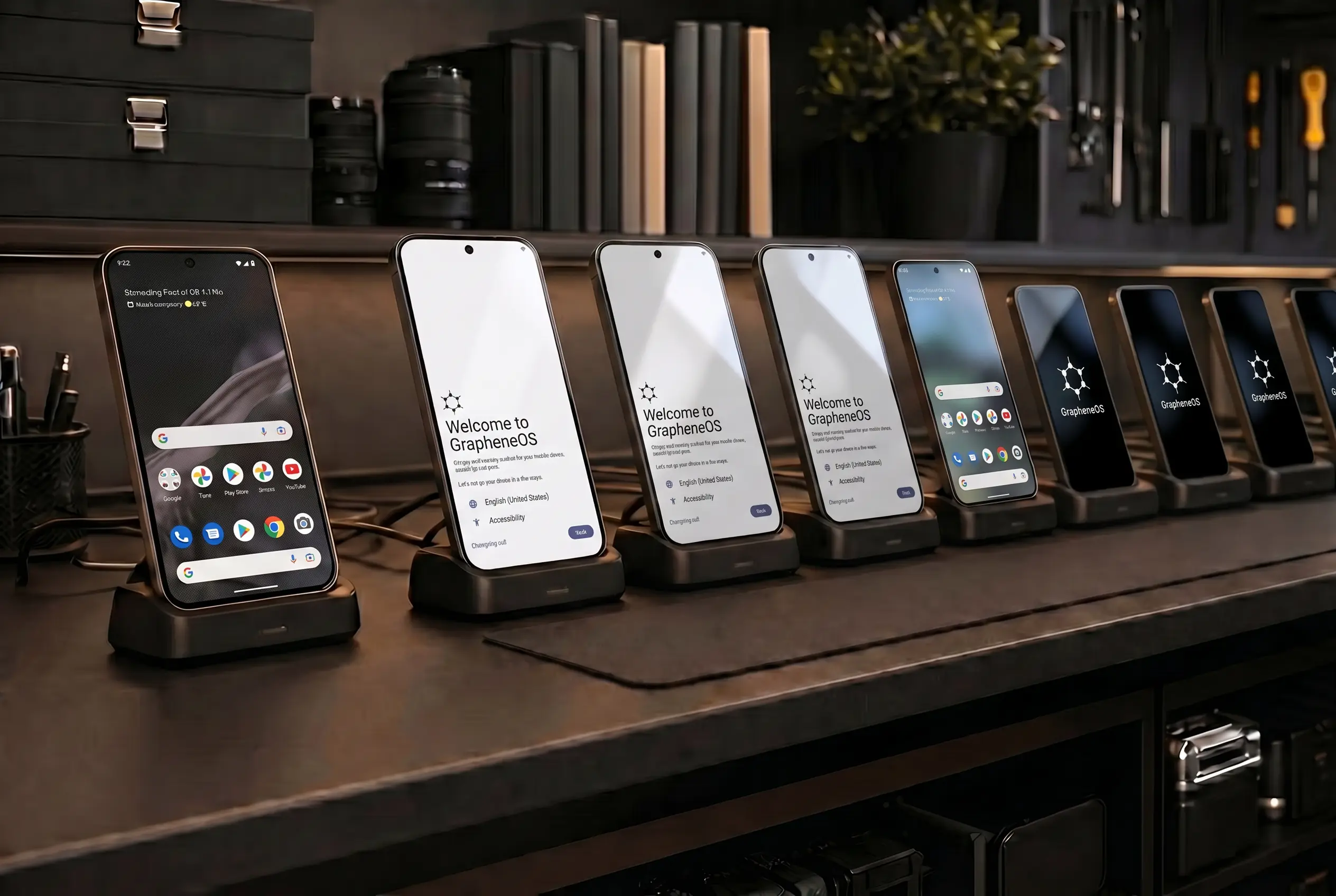 GrapheneOS Pixel phones showing welcome screens during fleet setup