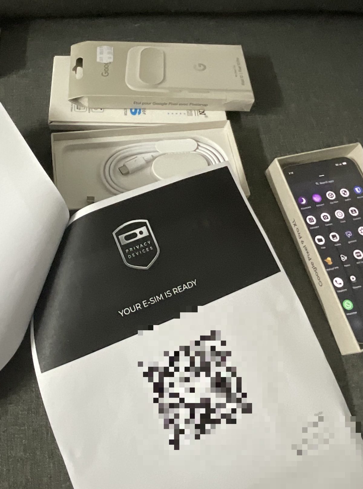Privacy Devices eSIM welcome pack shipped with a configured Pixel 9 Pro XL - activation code redacted