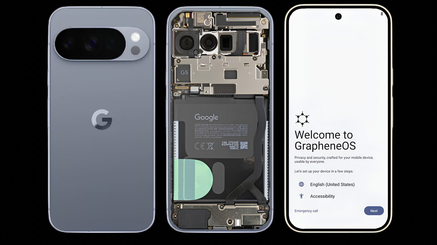 Google Pixel back, internal hardware and GrapheneOS welcome screen