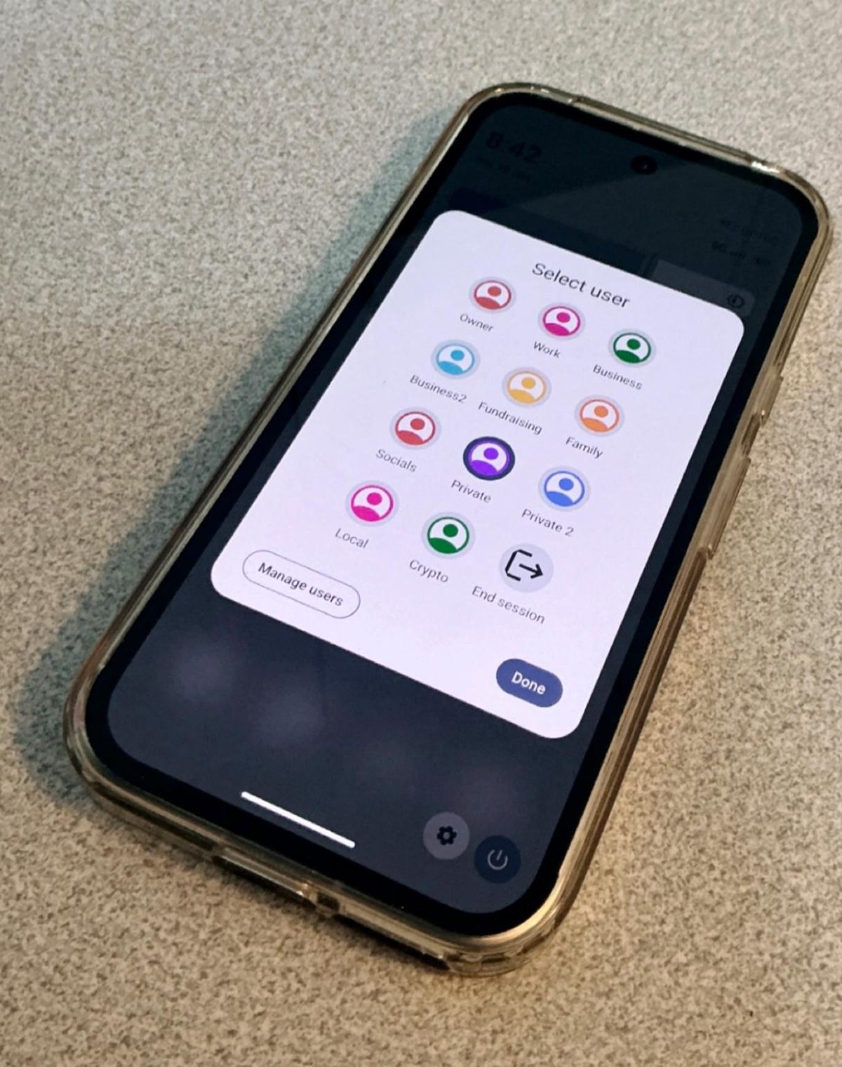 GrapheneOS Select User screen on a configured Pixel showing separate Owner, Work, Business, Family, Socials, Private and Crypto profiles