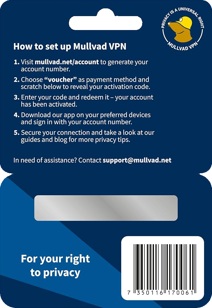 Mullvad VPN voucher card with setup steps - included with Privacy Devices phones